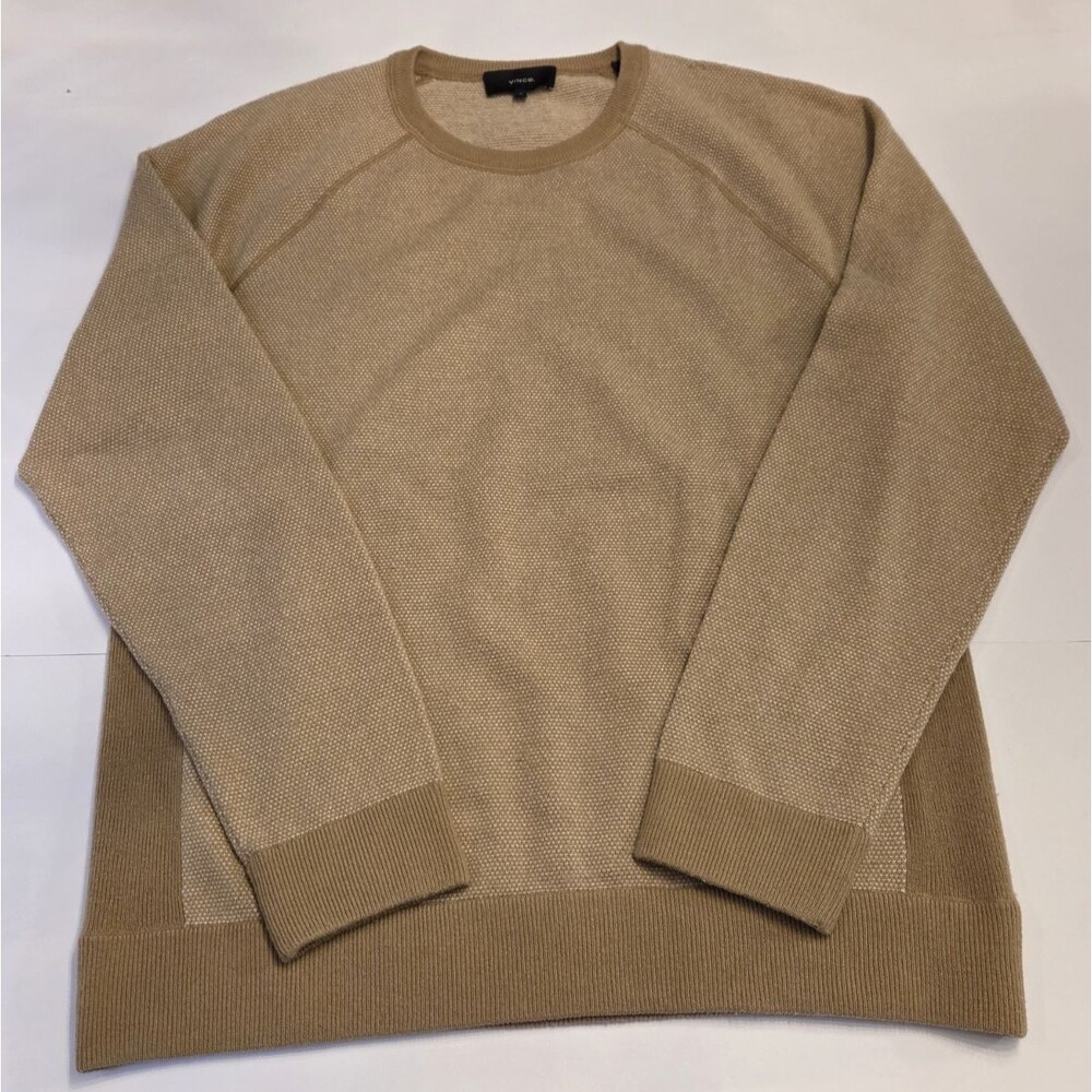 Vince Mens Medium Birdseye Raglan Crew Sweater Wool Cashmere Tan Beige Flaw - Picture 1 of 10